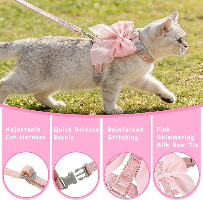 Tensho Pink Bow Cat Harness and Leash Set Escape Proof, Adjustable Kitten Harness with Leash, Bow Tie Cat Harness for Walking Outdoor - Soft Lightweight Harness for Small Dogs Cats Rabbits (M)
