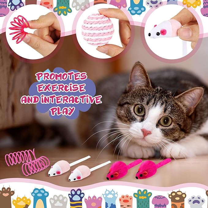 Gemscream 46 Pcs Cat Toys Set Interactive Cute Cat Toys Include Fur Mice Rattle Springs Crinkle Balls Pompom Bell Sisal Ball Puzzle Chase Toys for Kitten Indoor Stuff Gift(Pink)