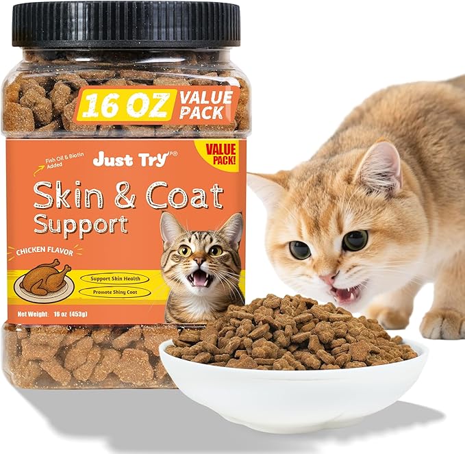 Just Try 16 OZ Skin & Coat Support Cat Treats - Cat Omega 3 Oil Salmon Oil Snacks - Supports Healthy Skin, Cat Itchy Skin Relief - Chicken Flavor