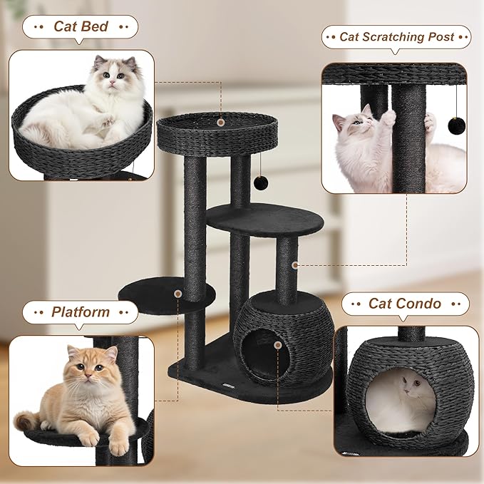 KAMABOKO Gothic Cat Tree, 53” Black Cat Tower for Indoor Cats with Sisal Scratching Posts, Spacious Cat Condo, Self Groomer, Bat Hanging Ball, Halloween Cat Tree Tower for Large Cats, Black and Red