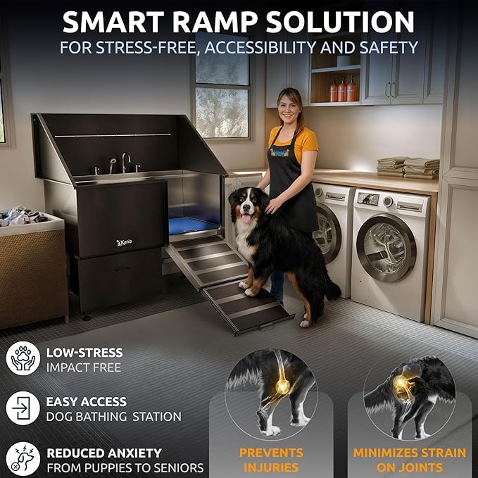 KANIS Professional Dog Washing Station 304 Stainless Steel Pet Wash Sink & Grooming Bathtub w/Shower, Floor Grates and Storage for Large, Medium & Small Pets (Black, 50 Inches, Right Ramp, 1 Drawer)