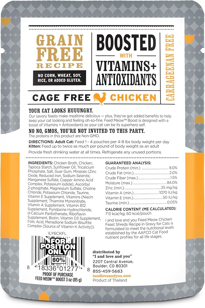 I AND LOVE AND YOU Feed Meow Boost Wet Cat Food - Chicken - Antioxidants & Vitamins for Vitality, Grain Free, Shredded, 3oz Pack of 12