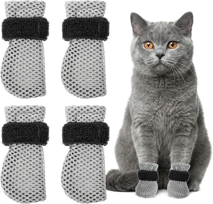 4 Pcs Cat Booties Anti Scratch Mittens Gloves Mesh Cat Claw Covers Kitten Protectors Foot Booties Breathable Adjustable Kitten Shoes to Prevent Scratching for Nail Trimming Pet Bathing