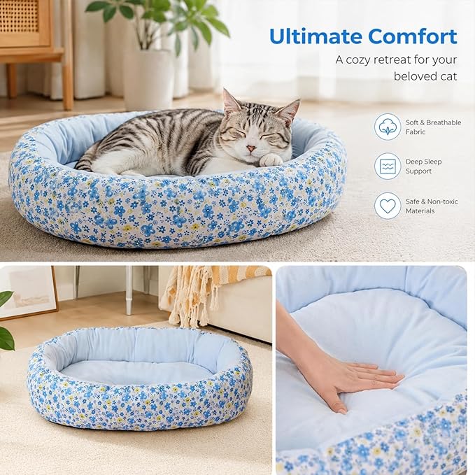 Floral Print Cat Beds for Indoor Cats Cozy Plush Fabric, Supportive Raised Sides, Non-Slip Bottom Washable Mat for Small Medium Pet Puppy Dog (Blue,Medium)