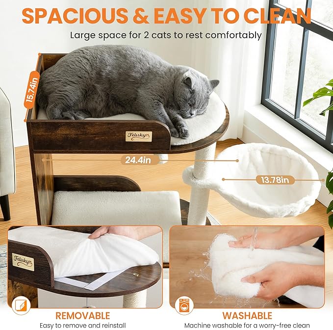 Modern Wood Cat Tree Tower for Indoor Large Cats, Cat Scratching Posts with Big Perch Bed, 44.8" Tall Multi-Level Wooden Cat Condo with Hammock, Removable Pads, Kitty Furniture, Rustic Brown