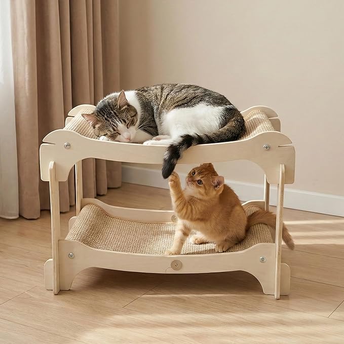 Two-Layer Sisal Cat Scratcher Bed - Large Scratching Board with Lounger Cat Scratch Pad, Sturdy Wooden Scratching Post for Indoor Kittens&Adult Cats, Easy Assemble Elevated Cats Bed Furniture