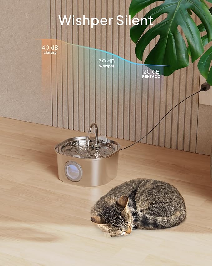 PEKTACO Stainless Steel Cat Water Fountain, 3.2L/108oz Cat Water Dispenser with Quiet Water Pump, Dishwasher Safe Pet Drinking Fountain for Cats with 3 Filters + 3 Sponges