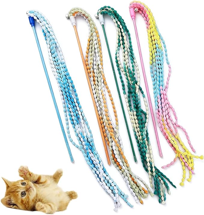 KABASI Cat Wand Toys, 4PCS Interactive Plush Srtip Cats String Teasing Stick with Bells for Kitten, Colorful Sturdy Pole Cat Toys for Having Fun Indoor Playing