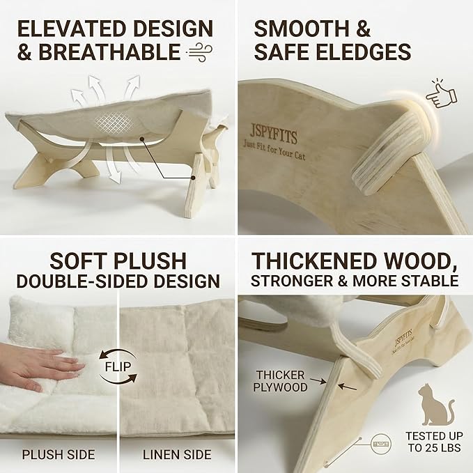 JSPYFITS Elevated Cat Bed Hammock, Raised Orthopedic Dog Bed with Dual-Sided Plush & Linen Cushion, Modern Cat Furniture for Medium to Large Cats, Easy Assembly(White)