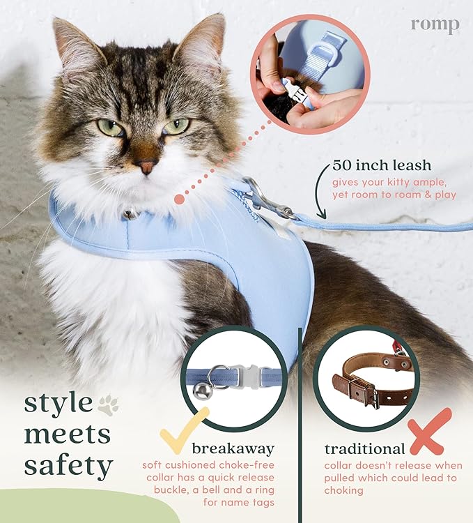 Cat Harness, Collar & Leash Set - Escape Proof Adjustable Choke Free Velcro Harness Vest for Walking Cats & Kittens (Cotton Blue, Large)