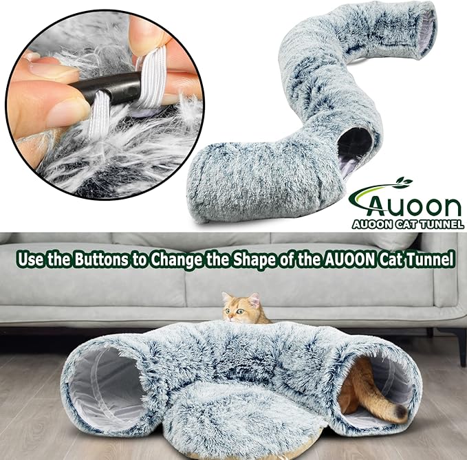 AUOON Cat Tunnel Bed for Indoor Cats - Large Cat Donut Tunnel with Hanging Ball Toy, Collapsible 2-in-1 Multifunctional Interactive Cat Toy for Kitten, Puppy, Rabbit, Ferret (Gray)