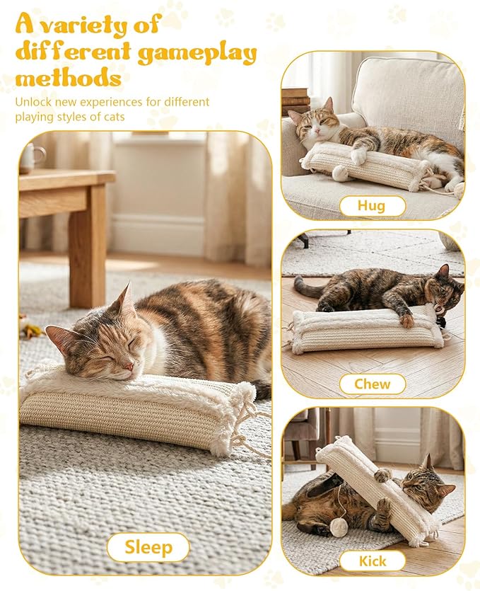 16.5 Inch Sisal Catnip Pillow Toy Kickers, Washable Sisal Cover, Interactive Cat Toys with Sisals Balls for Indoor Scratching, Chewing & Teething, Fun for Kittens and Adult Cats (Beige)