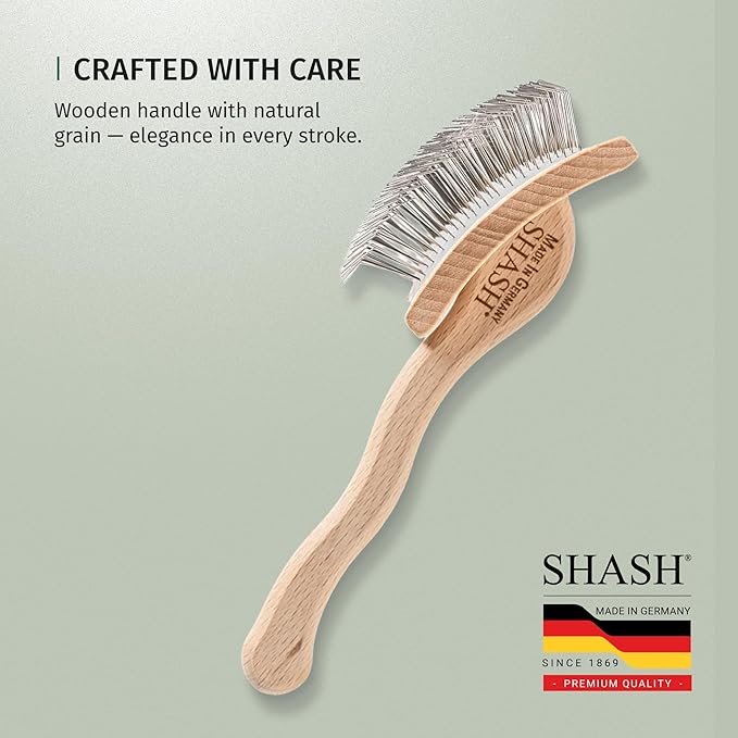 SHASH Since 1869 Hand Made in Germany Slicker Pet Brush with Curved Metal Pins and Rubber Cushion - Helps Detangle Knots, Eliminate Frizz, Reduce Pulling & Snagging