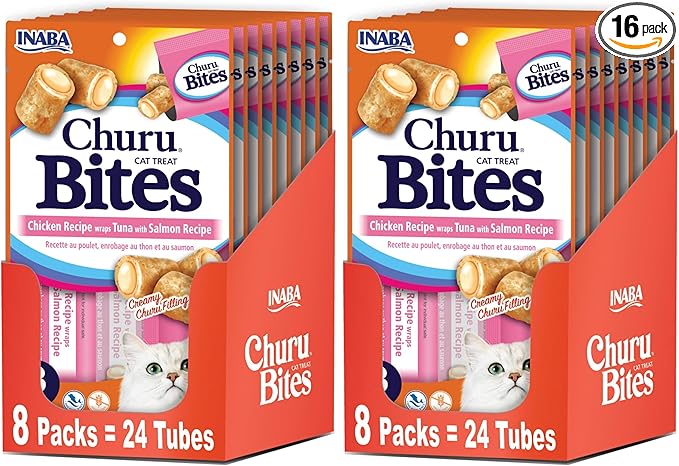 INABA Churu Bites for Cats,Soft Baked Chicken Churu Filled Cat Treats with Vitamin E,0.35 Ounces Each Tube,48 Tubes Total,Tuna with Salmon Recipe, 3 Count (Pack of 16)