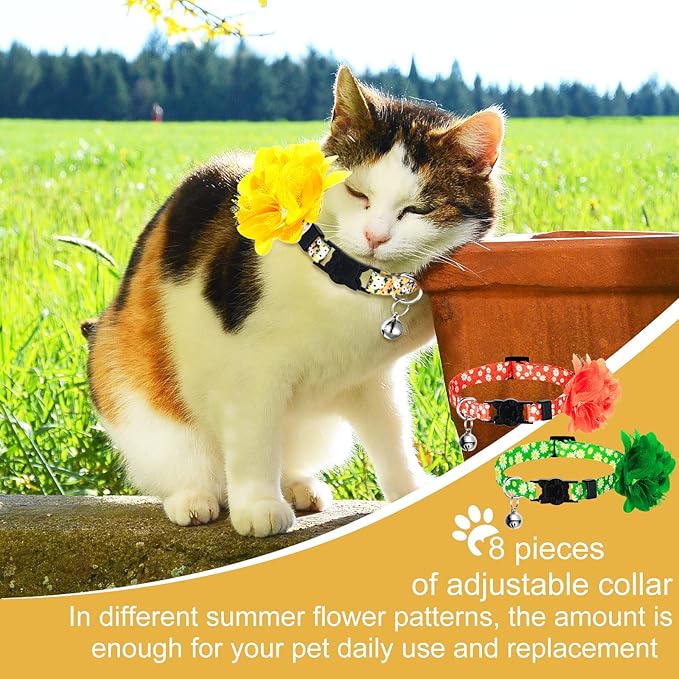Saintrygo 8 Pack Spring Flower Cat Collars Breakaway with Bells Floral Safety Cat Collar Buckle Cute Cats Kitten Collar Gift for Girl Boy Cats Colorful Adjustable Pet Supplies Daily Decoration(Medium)