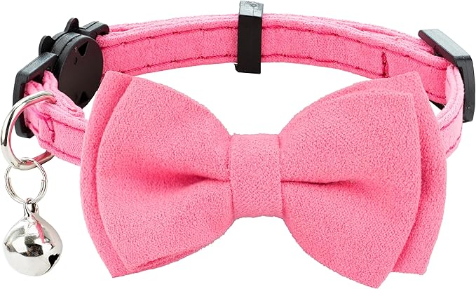 Cat Collar with Bow Tie Bell Breakaway Kitten Small Pet Safety Solid Wedding Basic Pure Color Suede Soft Adjustable [1pc] Rose Red