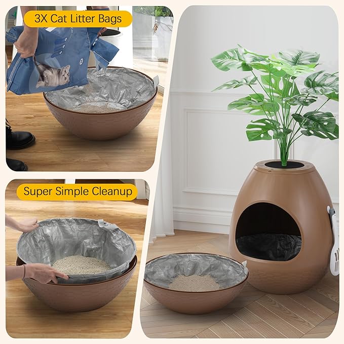 Eggloa6 Hidden Cat Litter Box with Artificial Plants ＆ Odor Removal System, Egg-Shaped Enclosure Includes Scoop ＆3PCS Liners Secret, Discreet Furniture, DIY Assembly Cat Litter Box Cabinet (Brown)