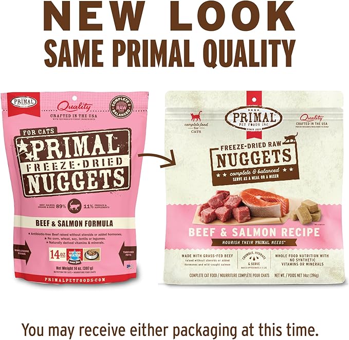 Primal Freeze Dried Raw Cat Food Nuggets Beef & Salmon, Complete & Balanced Meal or Topper, Premium, Healthy, Grain Free, High Protein Raw Cat Food with Probiotics (5.5 oz)