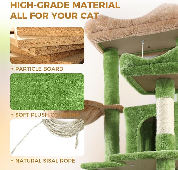 68" Green Cute Cat Tree for Indoor Cats Large Adult, Tall Cat Tower with Scratching Post & Condo, Hammock, Aesthetic Cats Stand, Modern, Easy Assembly (Green, 68" Tall)