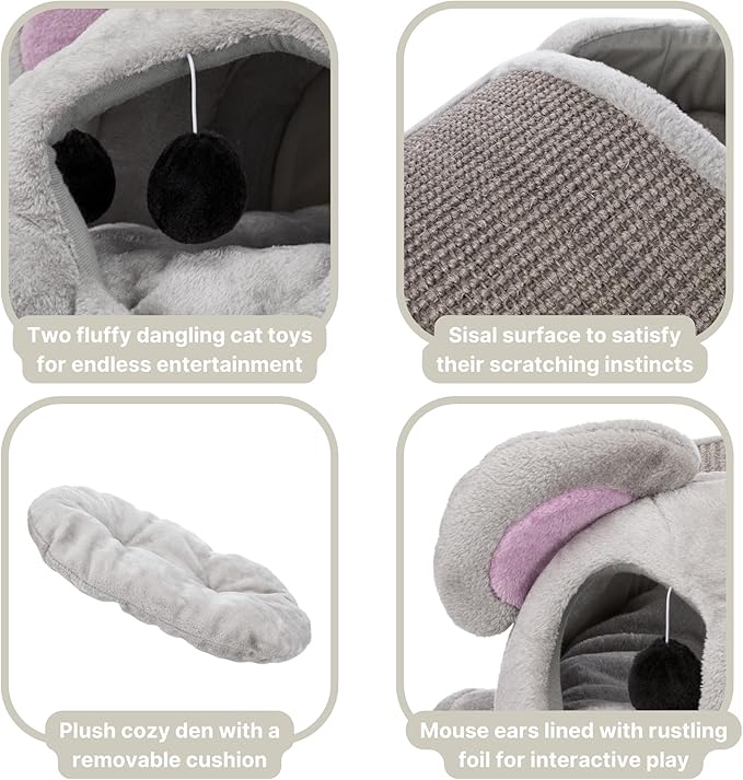 TRIXIE Lukas Cuddly Cave in Gray - Mouse-Shaped Cat Hideaway with Sisal Scratching Surface, Crinkle Ears & Interactive Cat Toys for Indoor Cats – Plush Condo, Removable Cush. 13.8" × 25.6" × 13", Gray