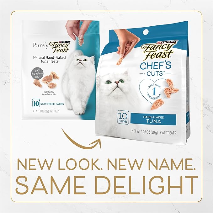 Purina Fancy Feast Purely Hand-Flaked Tuna Cat Treats, Steam-Baked Real Tuna, Pack of 5, 10 Count Pouches
