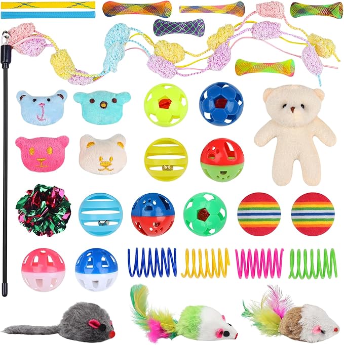 QUOZUO 30 Pcs Cat Toy Kitten Toys Set, Interactive Cat Toy Wand Cat Springs Ball Toy with Bells, Cat Toys for Bored Indoor Cats, Gift Box Styles