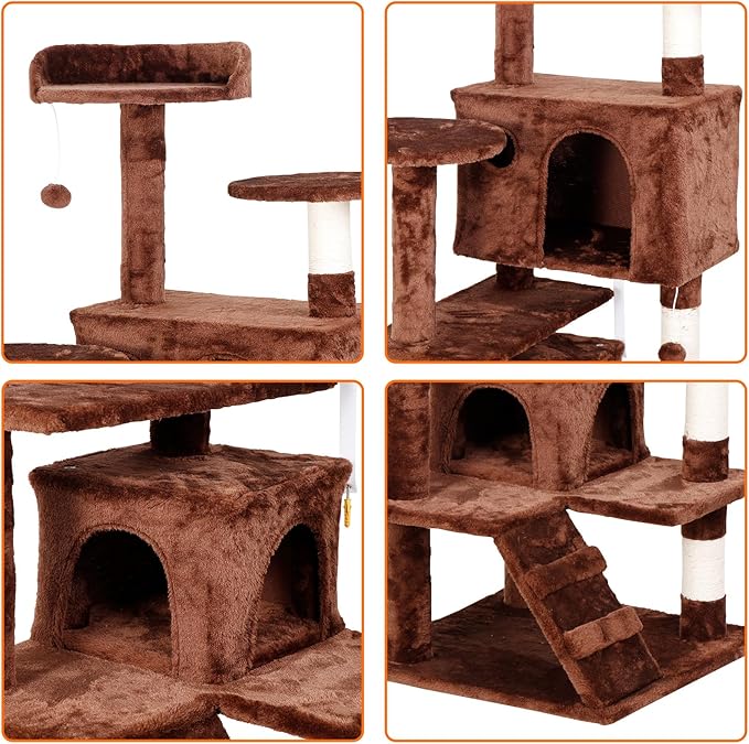 52” Multi-Level Cat Tree Condo Furniture Kitten Activity Play House Bed Pet Kitty Climbing Tower with Scratching Posts/Plush Perch/Scratcher Ladder/Tunnel for Cats,Kittens,Pets (Brown)