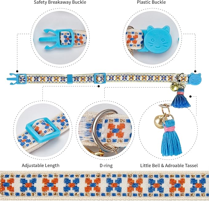2 Pack Cat Collar Breakaway Cute Colorful Pattern for Cat Boy Girl Adjustable Length Collar with Little Bell Tassel Tribal Bohemian Pattern (2 Pack⎮Green+Blue)