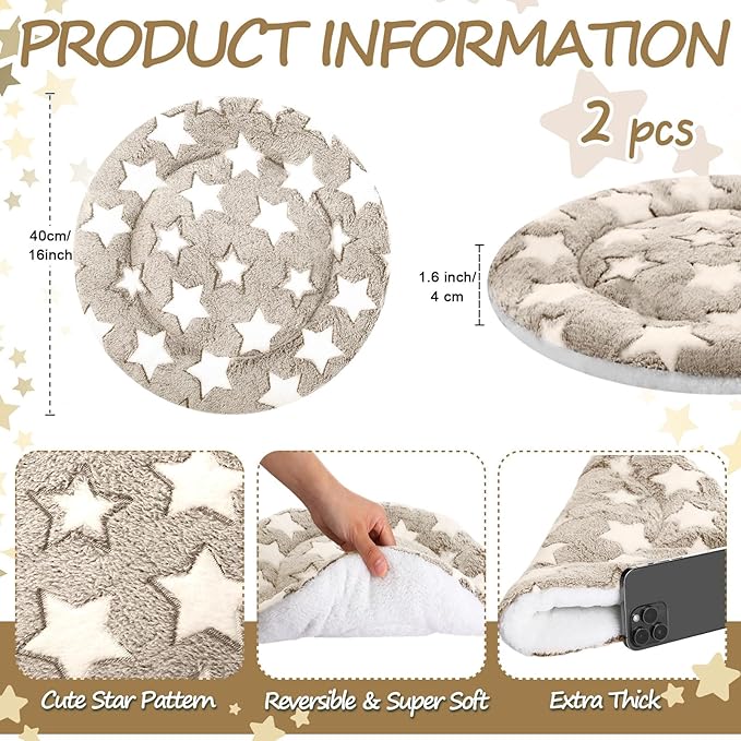VitalCozy 2 Pack Self Heating Cat Pad Self Heating Cat Bed Machine Washable Heat Pet Mat Reversible Body Thermal Warm Round Dog Bed Crate Blanket for Feral and Indoor Cats(16'',Apricot Large Star)