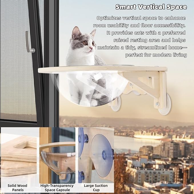 Clear Cat House, Wall-Mounted Wooden Cat Space Capsule Cat Bed Kitten Walls Shelves for Sleeping Playing Climbing and Lounging, Easily Holds Up to 16.5 Lbs, Cat Furniture for Indoor