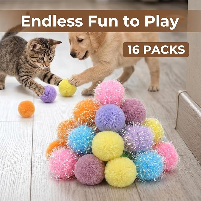 Larrel Glitter Fuzzy Balls for Cats, 16 Pcs Cat Pom Pom Balls Interactive Kitten Toys, Multicolor Soft Cat Ball Toys for Indoor Cats Playing Exercising or Craft DIY Creative Crafts Decorations