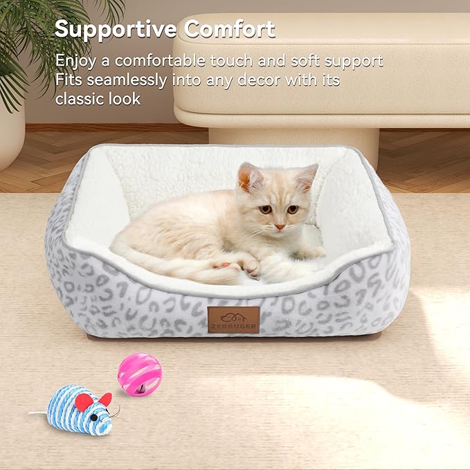 Zerbuger Rectangle Cat Dog Bed for Large Medium Small Pets Indoor Outdoor Machine Washable Sleeping Sofa Non-Slip Bottom Soft Puppy Bed Durable Orthopedic Calming Pet Cuddler (Small, White Leopard)