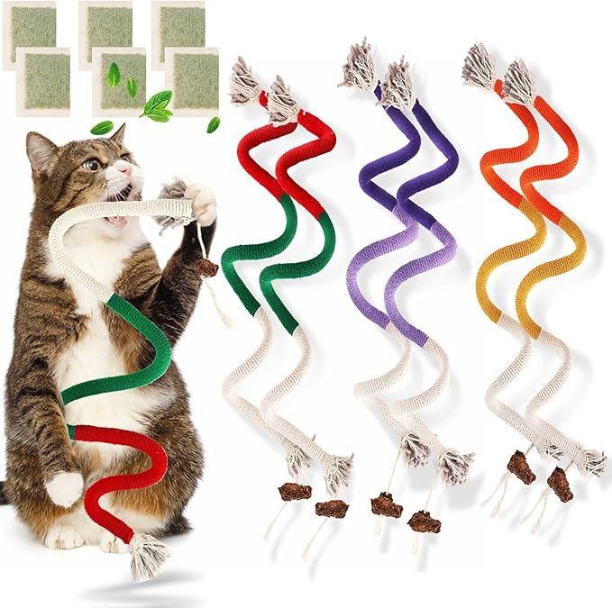 TEAWOO 6 PCS XL Cat Toys Chew Ropes, 27.56 Inches Cat Chew Rope Toy for Teeth Cleaning, Safe Catnip Toys for Cats Rope Chew Toy (6 Bags of Catnip Included)