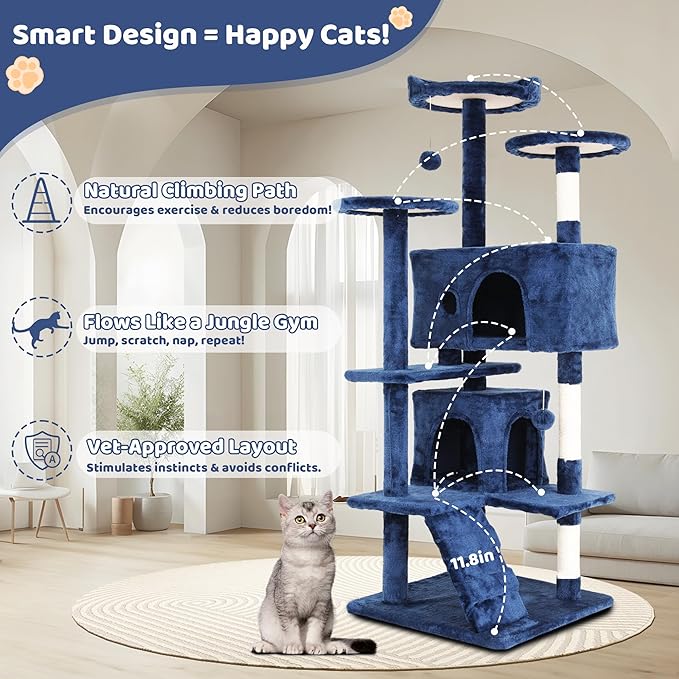 54" Cat Tree for Indoor Cats - Multi-Level Cat Tree Tower with Cat Scratching Post, Perches, Plush Toys & Cozy Hideaways - Cat Tower Makes Perfect Pet Gift - Navy Blue
