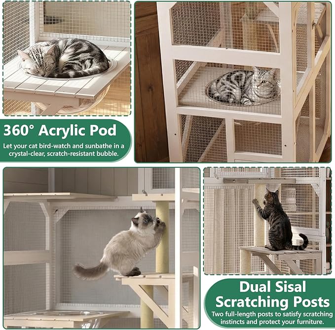 Catio Outdoor Cat Enclosure with Wheels & Weatherproof Roof, Large 63" Window Catio with 3 Platforms, Acrylic Dome, Portable Kitty House for Indoor Cats