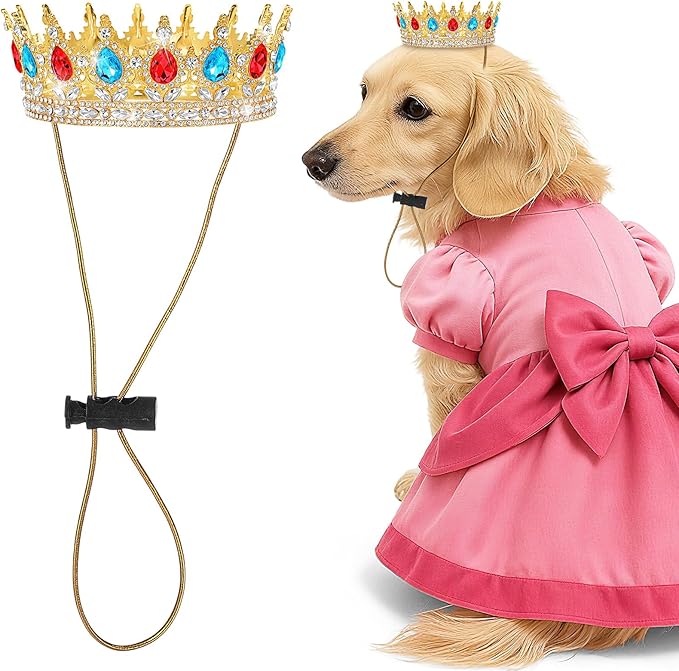 Abbylike Pet Princess Crown for Dog Cat Pink Halloween Costume with Adjustable Strap Gold Glitter Rhinestone King Crown Hat for Pet Birthday Party Adoption Celebration Photos Prop Cosplay Accessory(L)
