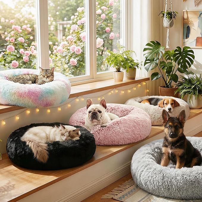Love's cabin Calming Cat Bed for Indoor Cats,Anti-Anxiety Donut Round Dog Bed,Fluffy Faux Fur Washable Pet Bed for Small Medium Dogs and Cats,Black,20in