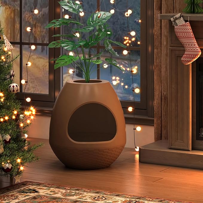 Eggloa6 Hidden Cat Litter Box with Artificial Plants - Egg-Shaped Enclosure Includes Scoop, Discreet Furniture for Home Decor, DIY Assembly Cat Litter Box Cabinet for Living Room (Coffee)