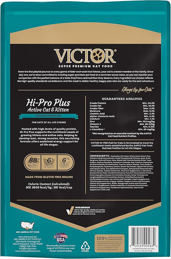 VICTOR Super Premium Cat Food – Hi-Pro Plus Active Adult Cat and Kitten – Dry Feline Food for Active Cats – All Breeds and All Life Stages – Supports Energy, Healthy Coat, Immune Function, 5lb