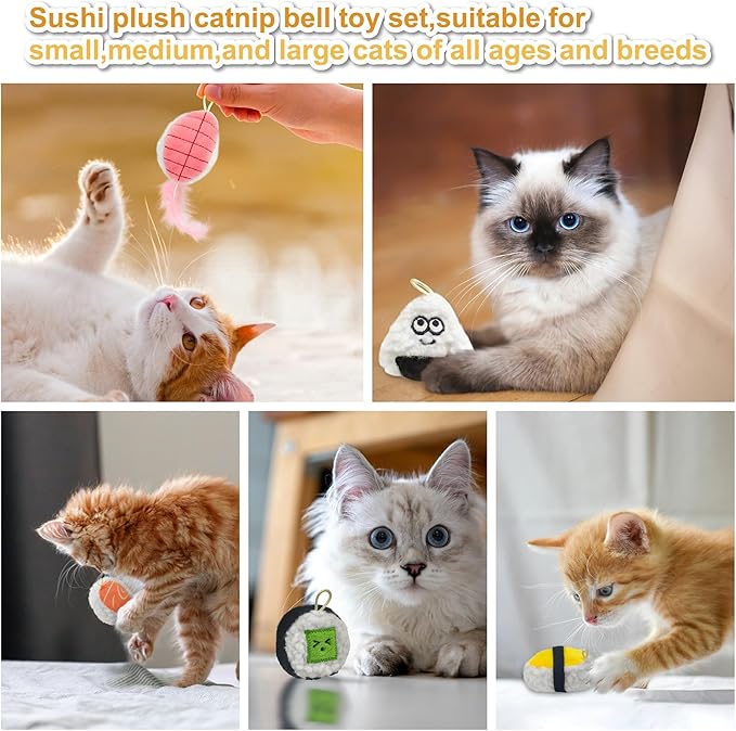 Sushi Cat Toy Set 5pcs Cute Soft Funny Sushi Plush Catnip Toys with Bell and Feathers Kitten Teething Chew Toys for Indoor Boredom Relief Interactive Cat Toys Teaser Wand Replacement Accessories
