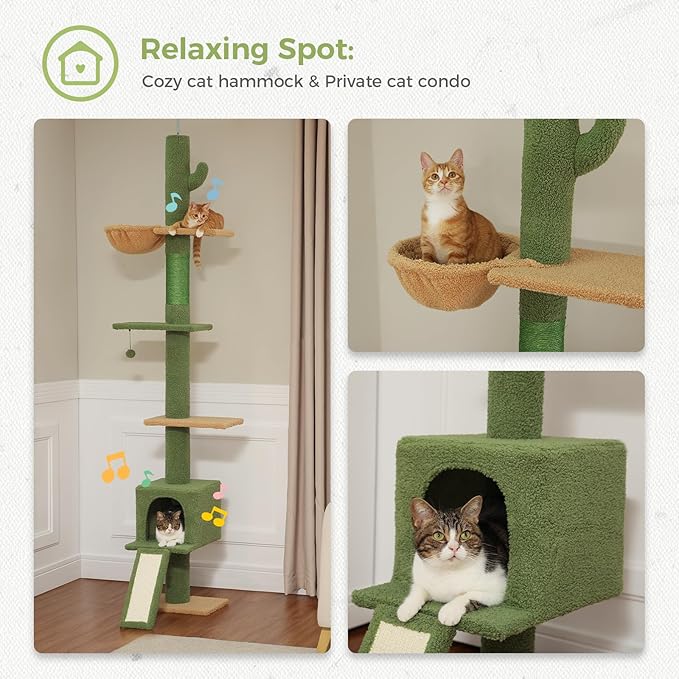 PETEPELA Floor to Ceiling Cat Tree, Cat Tower 5 Tiers Tall (83-108 Inches) Adjustable Height, Cat Climbing Tree Featuring with Condo, Scratching Post and Perches for Indoor Cats, Green
