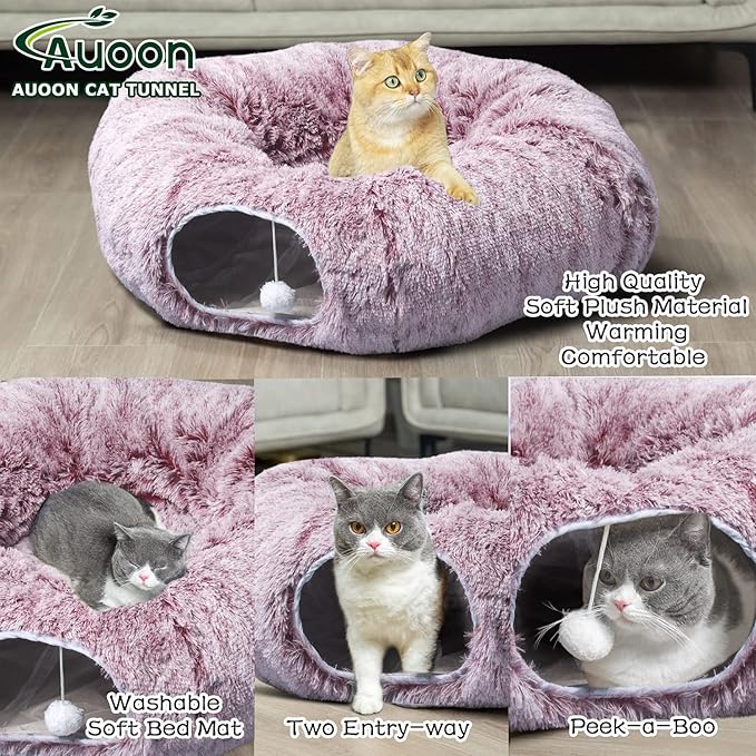 AUOON Cat Tunnel Bed for Indoor Cats - Large Cat Donut Tunnel with Hanging Ball Toy, Collapsible 2-in-1 Multifunctional Interactive Cat Toy for Kitten, Puppy, Rabbit, Ferret (Rosiness)