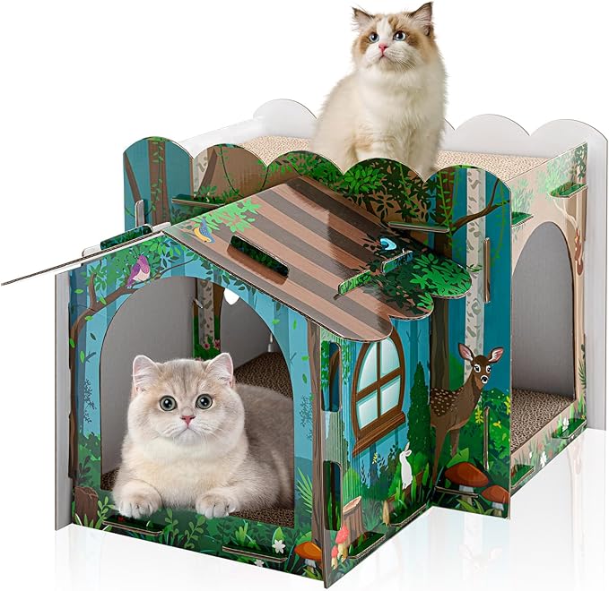 Lineshading 2 Story Cardboard Cat House with Scratcher Pad, Multi Level Durable Cat Scratcher House for Small Kitten Bunny Rabbit Animals Christmas Birthday Gift(17x12x10,Forest)