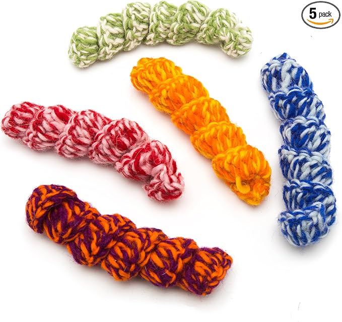 Glaciart One Crochet Spring Cat Toy – 5 Pcs Soft Fuzzy Enrichment 100% Natural Wool Yarn - Interactive Stretchable Play Cat Toy Set - Safe for Pets, Non-AZO Colored Dyes