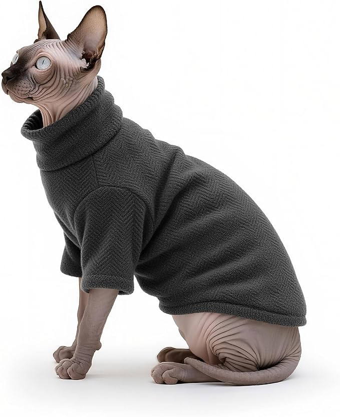 Idepet Sphynx Cat Warm Turtleneck Sweater Hairless Cats Shirt Pullover Kitten T-Shirts Thick Soft Fleece Clothes Cute Outfit Coat Pajamas for Cats and Puppy (Dark Gray, 3X-Large)