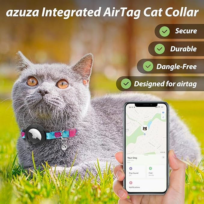azuza AirTag Cat Collar Breakaway, Integrated Cat Collar with Air Tag Holder Safety Lightweight GPS Tracker Holder for Cats, Rose, Cats (9"-13")