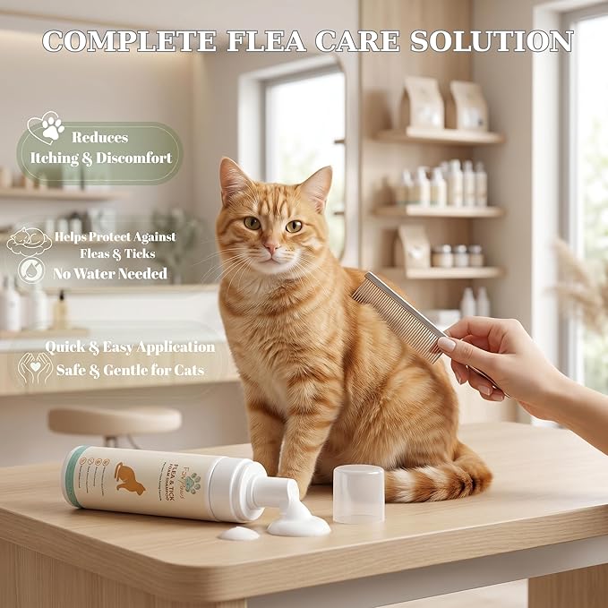 Flea & Tick Cat Waterless Foam Shampoo – No Rinse Grooming Formula – Gentle Care Coat Cleansing – Fresh Clean Scent – Dry Shampoo for Cats and Kittens -200 ml (6.7 fl oz)
