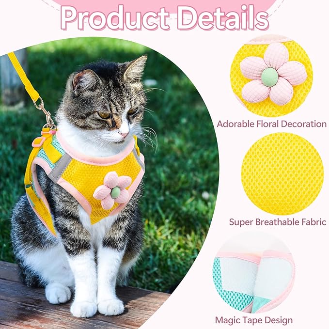 Cat Harness and Leash Set Escape Proof, Adjustable Cat Vest Harnesses Soft Kitten Harness Reflective Strips Jacket with Flower, Breathable Mesh Harnesses for Cats Puppy Easy to Wear Outdoor Walking