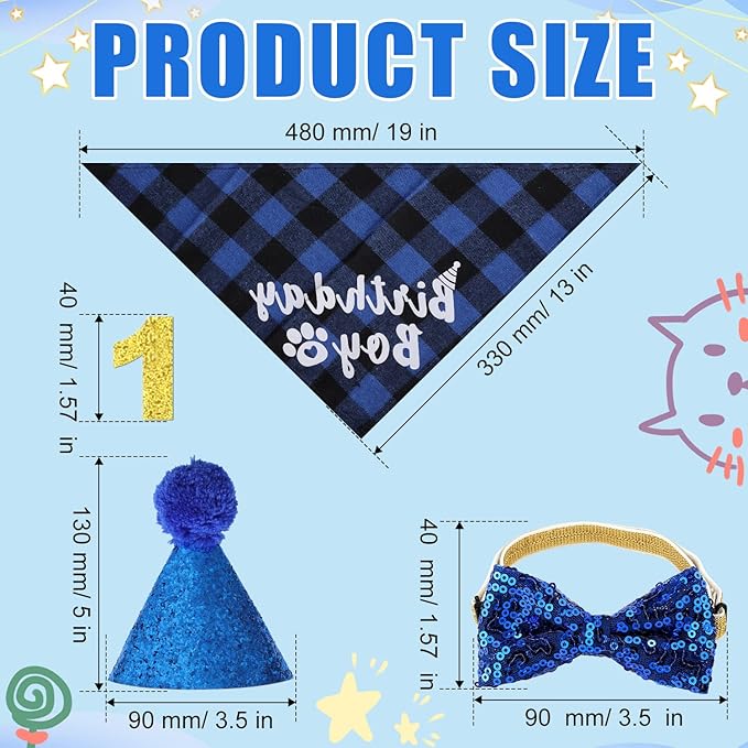 Cat Birthday Party Supplies with Hat, Scarf, Tie & Bandana - Cat Themed Decor (Blue)
