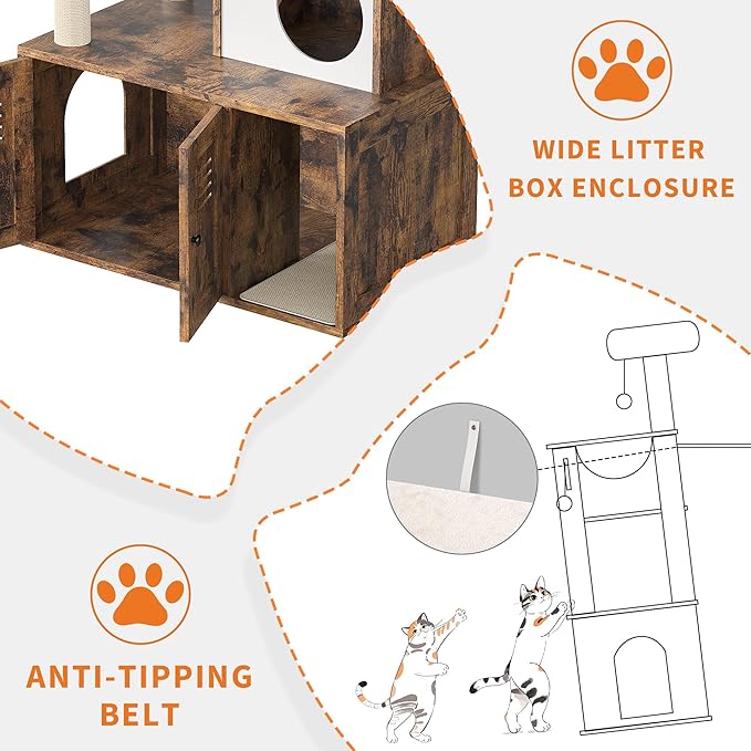 Furniture Style Cat Tree Tower & Hidden Litter Box Cabinet Combo – Multi-Level Cat House with Sisal Scratching Posts, Perch & Luxury Hammock
